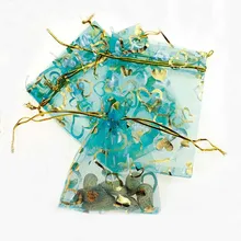 17*23 см 100 шт. синий золотое сердце подарок Сумки для ювелирных изделий/свадьба/Рождество/День рождения Пряжа сумка с ручками Упаковка Из Органзы Сумки