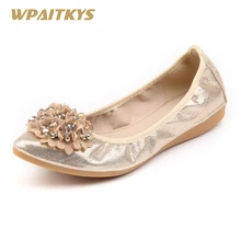 

Black Gold Silver Three Colors Optional Women's Flat Shoes Rhinestone Ballet Shoes Folding Shoes Large Size Shoes Beaded Flowers