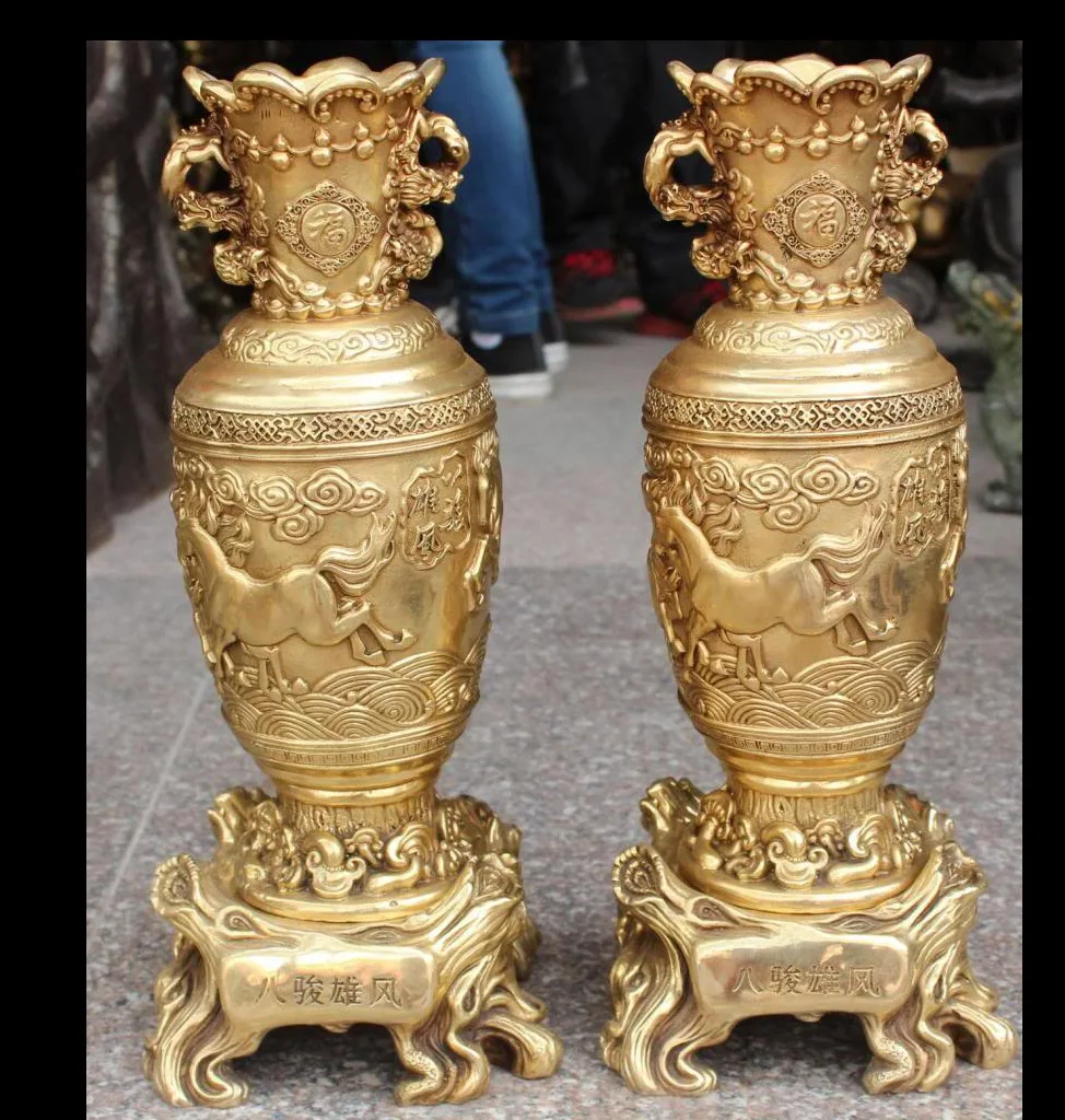 

wan671016+++16" Marked Chinese Bronze Successful Running 8 Horse Dragon Beast Vase Base Pair