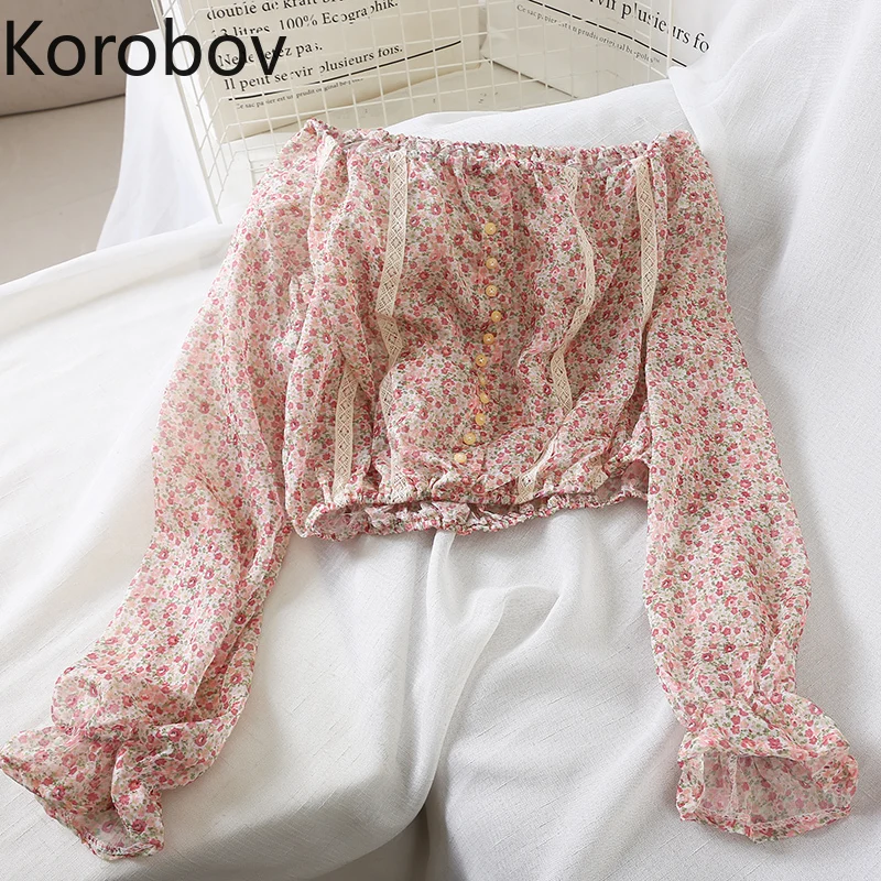 Korobov/Новинка укороченный топ с цветочным принтом рубашки в Корейском стиле