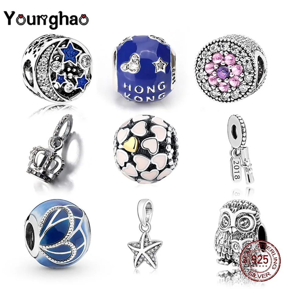 

Younghao Jewelry Fit Original Pandora Charm Bracelet Authentic 925 Sterling Silver owl Letter Glass Face Enamel Beads Berloque