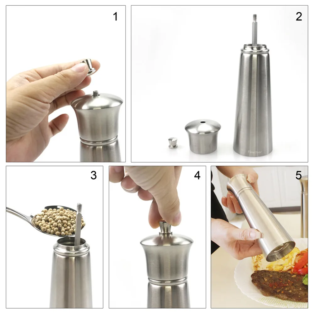Finether 2Pcs Stainless Steel Manual Salt Shaker and Pepper Mill Grinder Seasoning Home Kitchen Tools Grinding  Machine2
