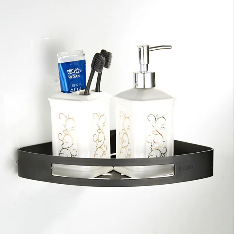 

Black Single Tier Bathroom Shelves Creative 304 Stainless Steel Dual Tier Kithchen Shelf Triangle Bathroom Towel Rack with Hooks