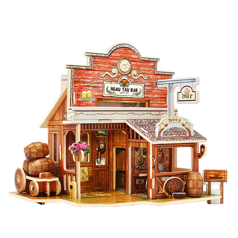 DIY Wooden Assembling House Toys Model 3D Building House Puzzle Kids Educational Toys for Children Castle Model Jigsaw Puzzle