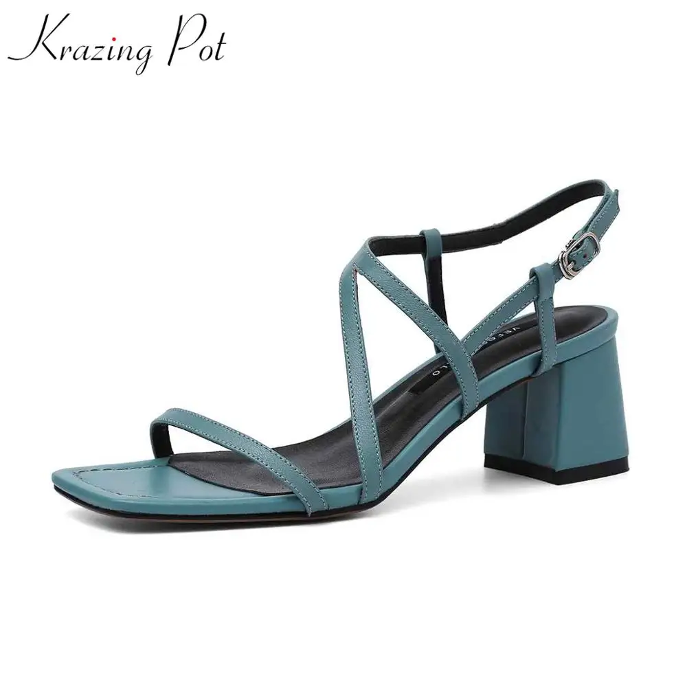 

Krazing Pot full grain leather women buckle straps peep toe high heels simple lazy design model runway show summer sandals l45