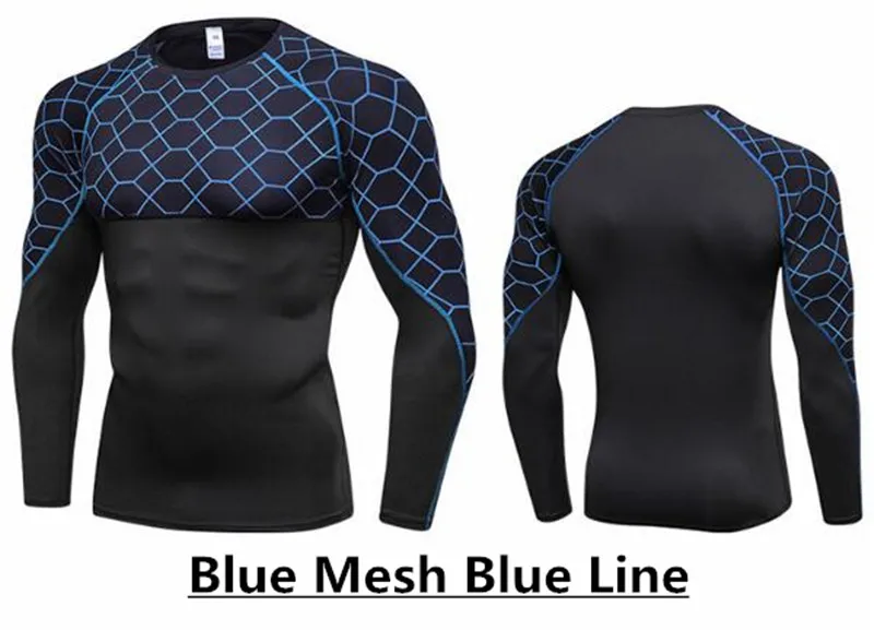 100p Мужская Pro впитывающая и быстросохнущая футболка, эластин компрессионное фитнес облегающее нижнее белье с длинным рукавом, дышащее и против морщин - Цвет: blue mesh blue line