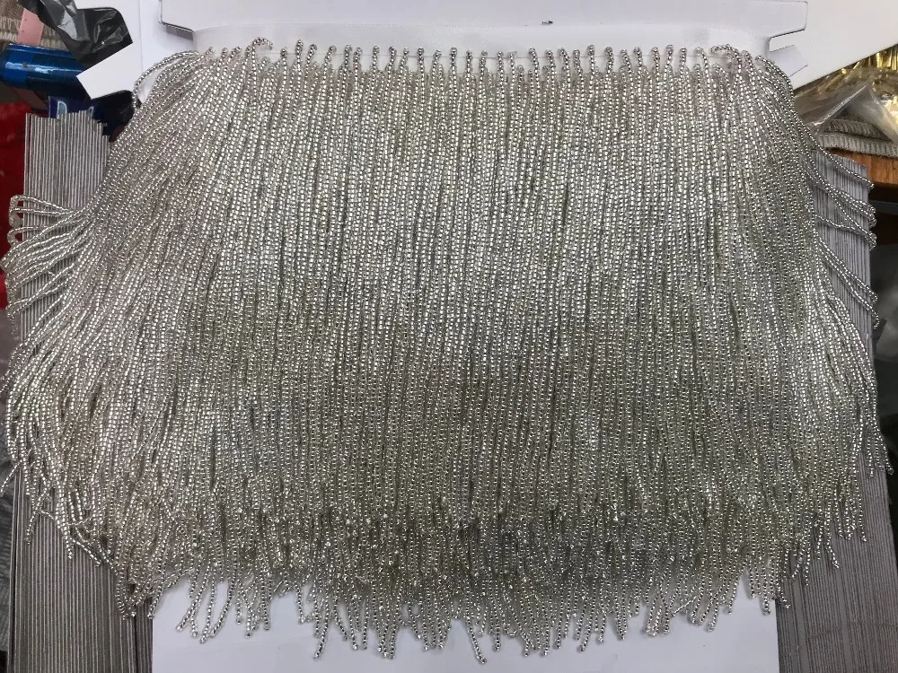 Ivory white crystal Handmade 15cm wide beaded lace tassel fringe trimming,5yard, about 270 beads threads/yard SGTM15