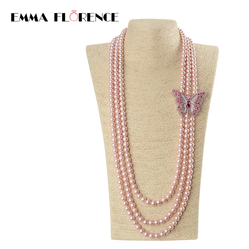 

2018 New Fashion Three-layers Crystal Strand Red Pearl Necklace Shell Pearl Butterfly Pendant Women Necklaces Jewelry
