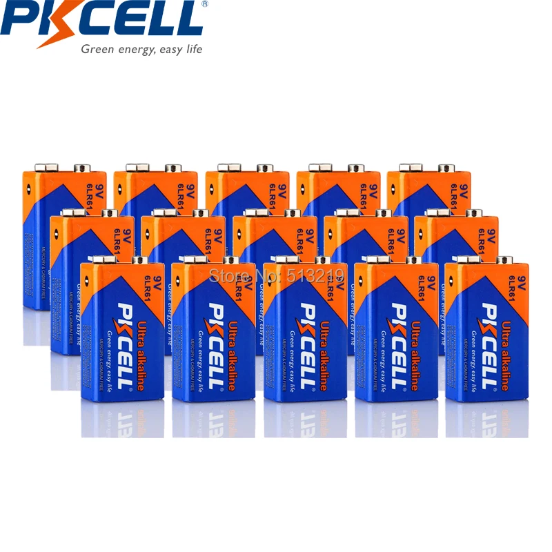 

15PCS PKCELL 9V Battery 6LF22 6LR61 PPP3 1604A Alkaline Battery Non Rechargeable 9 v Batteries for CD MP3 Remote control