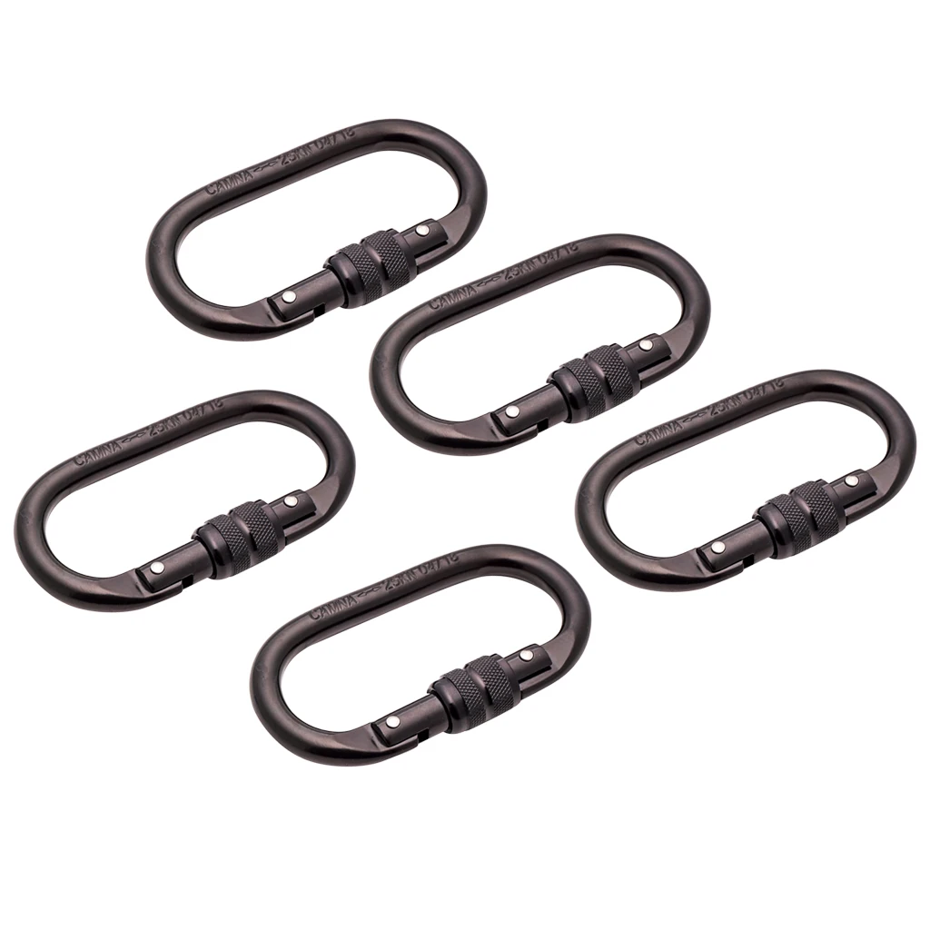 5pcs/set Rock Climbing Oval Shape 25KN Screw Locking Carabiner Hook for Outdoor Rappelling Rescue 11 x 6cm CE certified