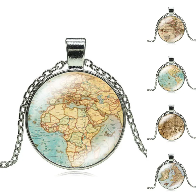 Vintage Globe Necklace Earth World Map Handcrafted Art Glass Round Dome