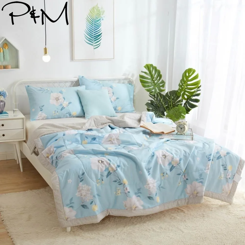 

2019 Simple White Flowers Blue Quilt Cotton air-condition Quilted Thin Comforter Summer Throws Blanket Twin Full Queen Size