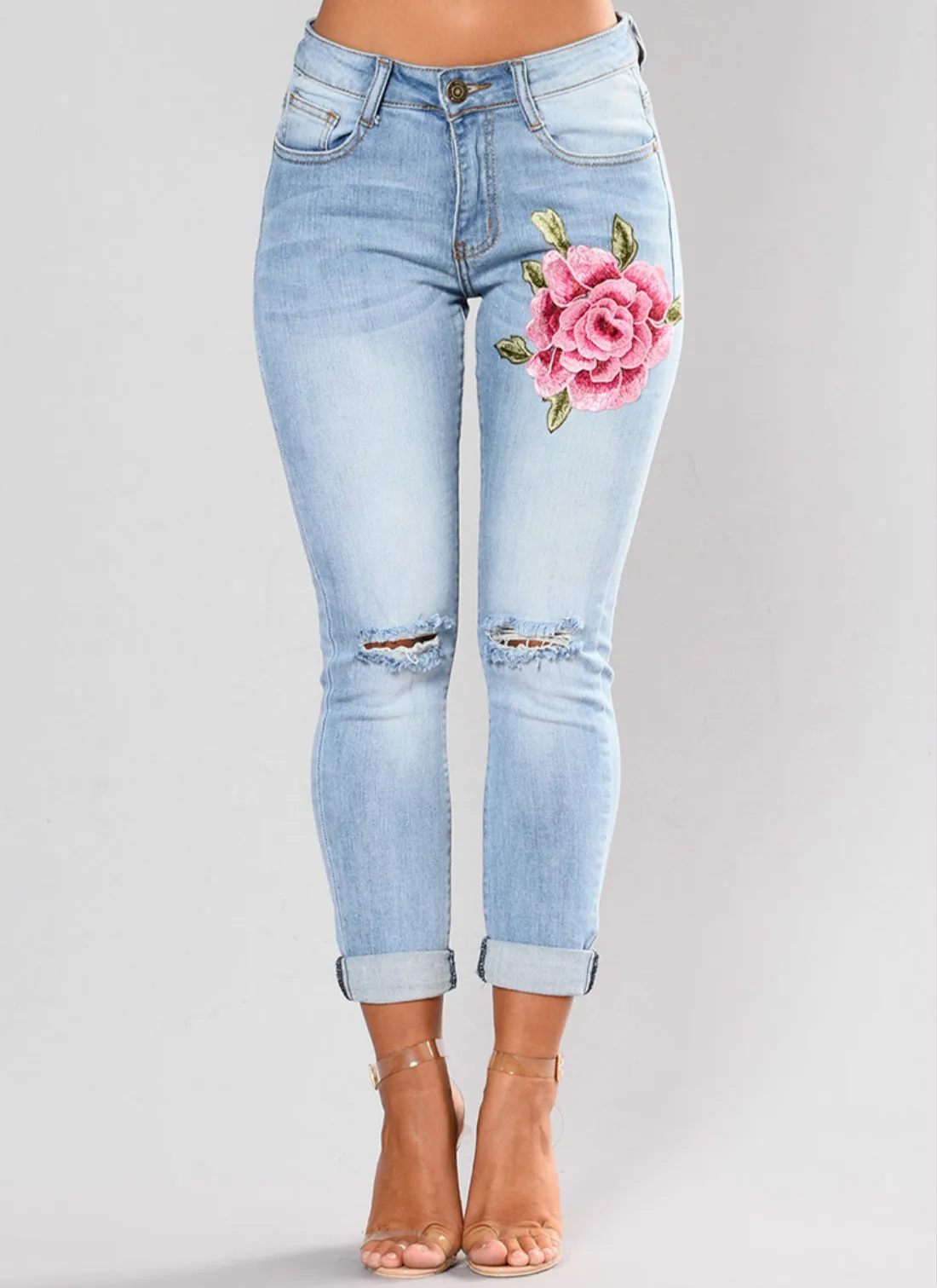 Embroidery Floral Printed Jeans Women High Waist Full Length Denim