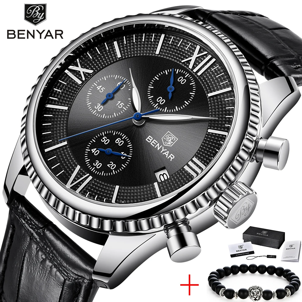 Relogio Masculino BENYAR мужские часы Новые кожаные автоматические кварцевые с датой