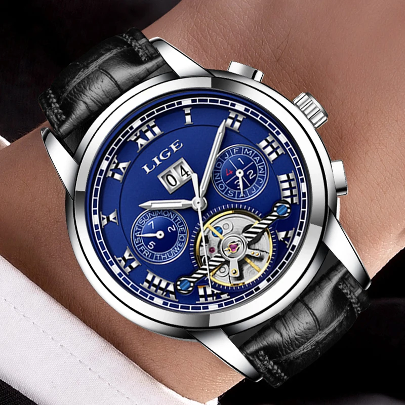 Lige watchbrand Для мужчин часы автоматические механические Наручные кожаный ремешок