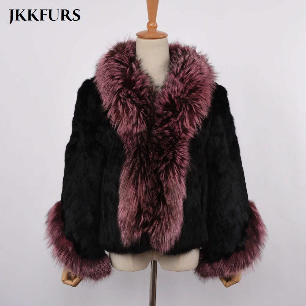 Женская меховая куртка модное пальто из натурального кроличьего меха с воротником из меха серебристой Лисы Зимняя Толстая теплая меховая верхняя одежда высокого качества S7354