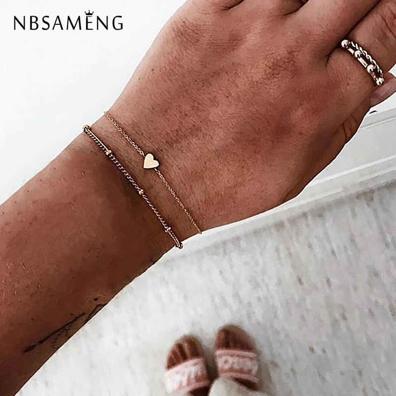 

2019 Trendy Simple Style Bracelet 2pcs/set Minimalist Small Love Heart Alloy Silver Bangles For WomenJewelry Wedding Jewellery