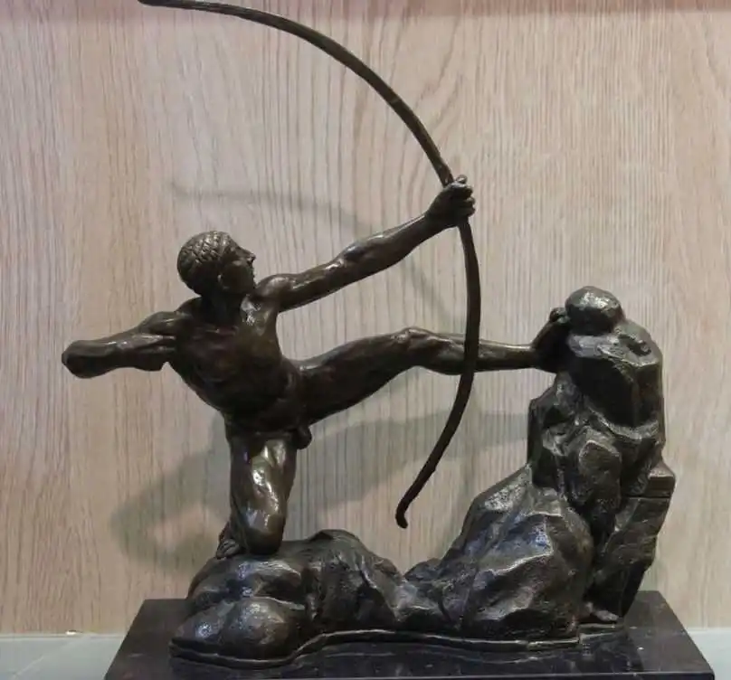 Western Art Figurine Bronze Copper Pull Bow Archery Marble Base Statue