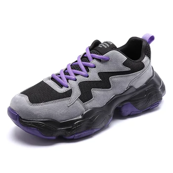

Chunky Sneakers Men Black Purple Casual Dad Shoes Leather Mesh Breathable Antiskid Lace-up Thick Sole Patchwork chaussures homme