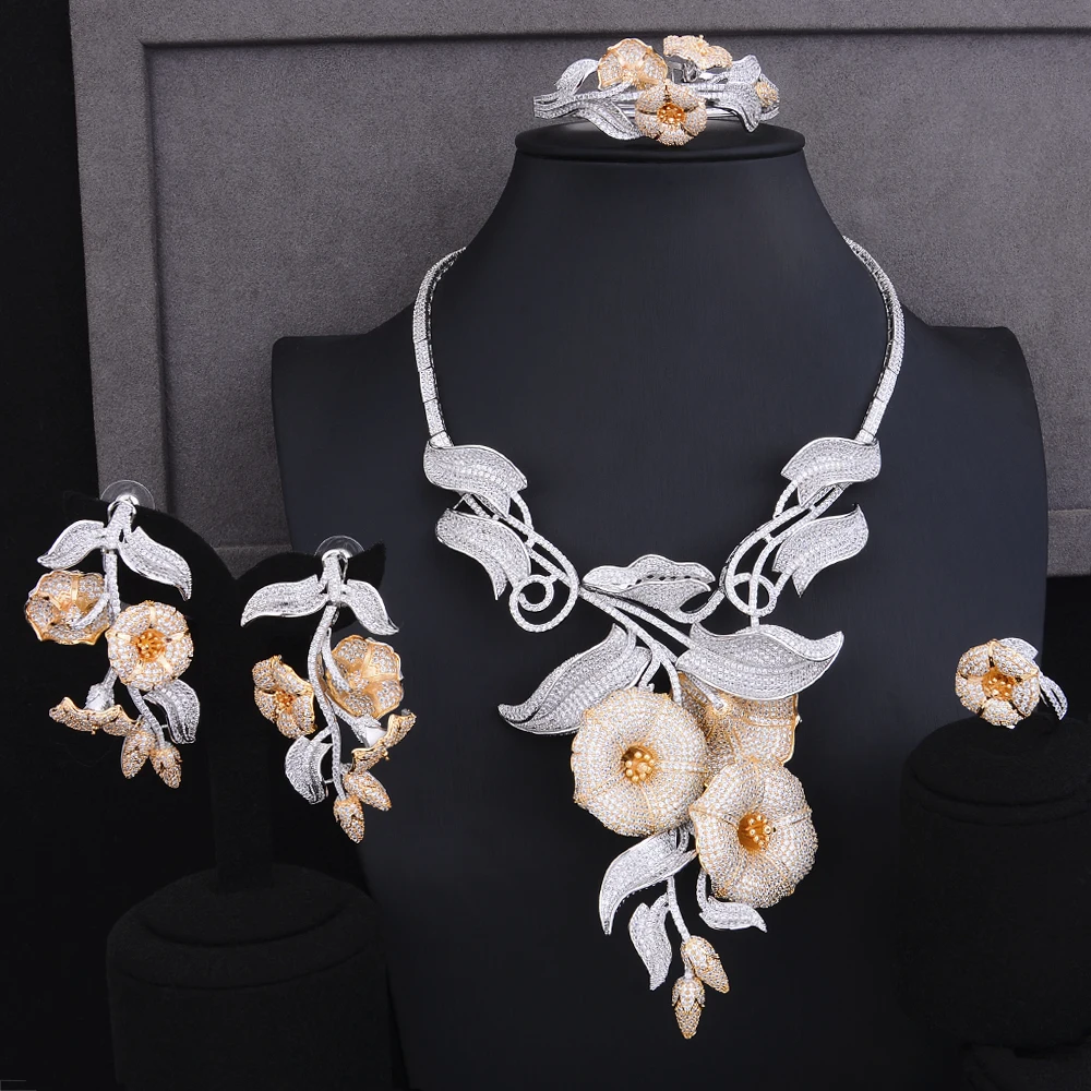 

missvikki 4 PCS Blooming Morning Glory Flowers Sweet Cute Jewelry for Women Bridal Party Full Cubic Zirconia Women Stage Show