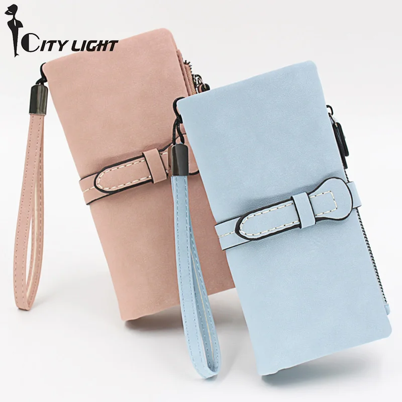 

Long Purse Two Fold Women Wallets Drawstring Nubuck Leather Zipper Wallet With Wrist strap Ladies Carteira Feminina Clutch Bag