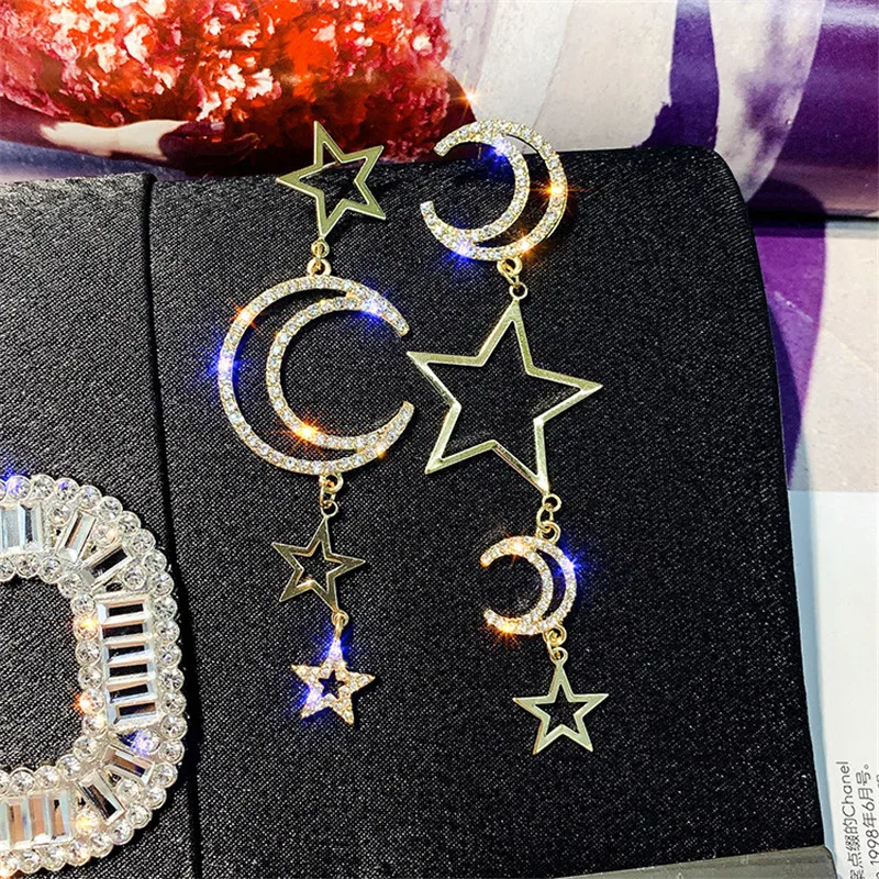 

FYUAN Long Asymmetry Drop Earrings Star Moon Rhinestone Dangle Earrings for Women Wedding Fashion Jewelry Gifts