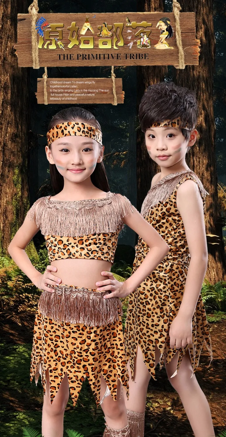 Kid Halloween Girl Savage Costumes Boy Savage Indian Girl Leopard Stage Performance Props Child Hunter Flintstones Primitive