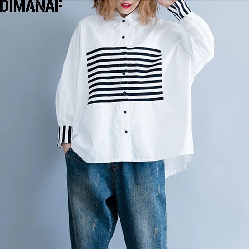 

DIMANAF Women Blouse Shirt Female Basic Tops Clothes Cotton Print Striped Patchwork Casual Loose Plus Size Cardigan 2021 Autumn