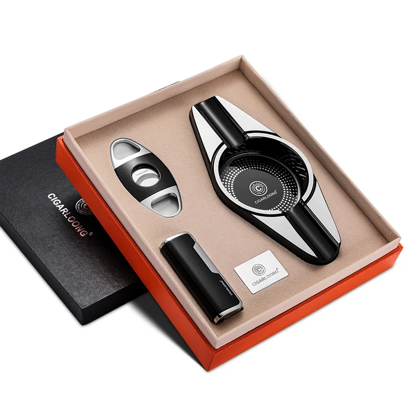 

Cigarloong cigar ashtray three pieces set stainless steel cigar lighter cigar cutter