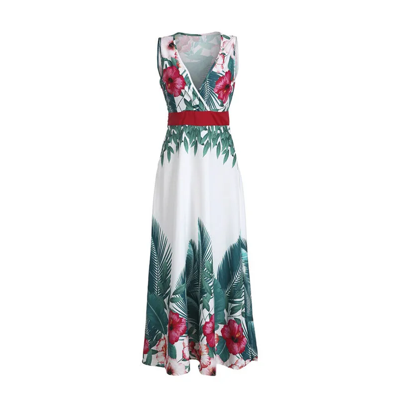 

Women Flower long maxi sundress New fashion boho Deep V vestidos Sleeveless Green leaves print slim Zipper design female dresses