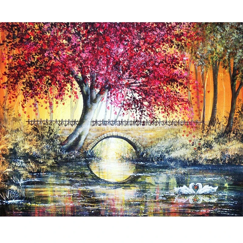

GLymg DIY 5D Diamond Painting Landscape Diamond Embroidery Cross Stitch Small Bridge Tree Mosaic Gift Wall Arts Decors