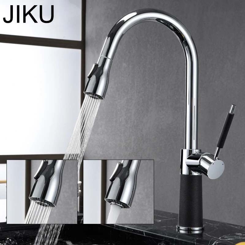 

JIKU Kitchen Faucets Silver Single Handle Pull Out Kitchen Tap Single Hole Handle Swivel 360 Degree Water Mixer Tap Mixer Tap