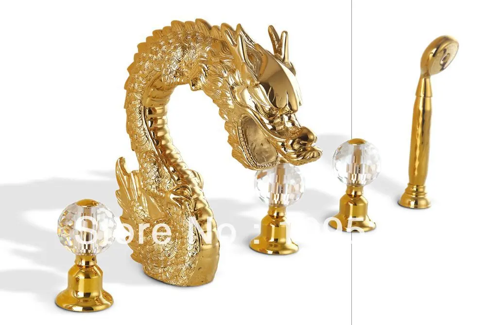 Free shipping PVD GOLD finish 5pcs dragon bathtub faucet with hand