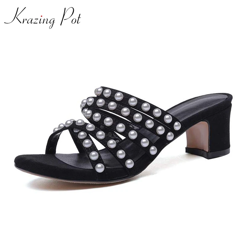 La Verano Gruesas Ovejas Exterior Peep En Tacón El Deslizador Mulas Pot Superestrella Toe L06 Alto Tachonado Sandalias Suede Arte De Negro Perla Krazing 7ngqH6x