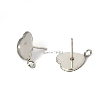 

12mm Blank Stainless Steel Stud Earrings Base Heart Bezel tray with Loop on Side Cabochon Earrings post Settings DIY Findings