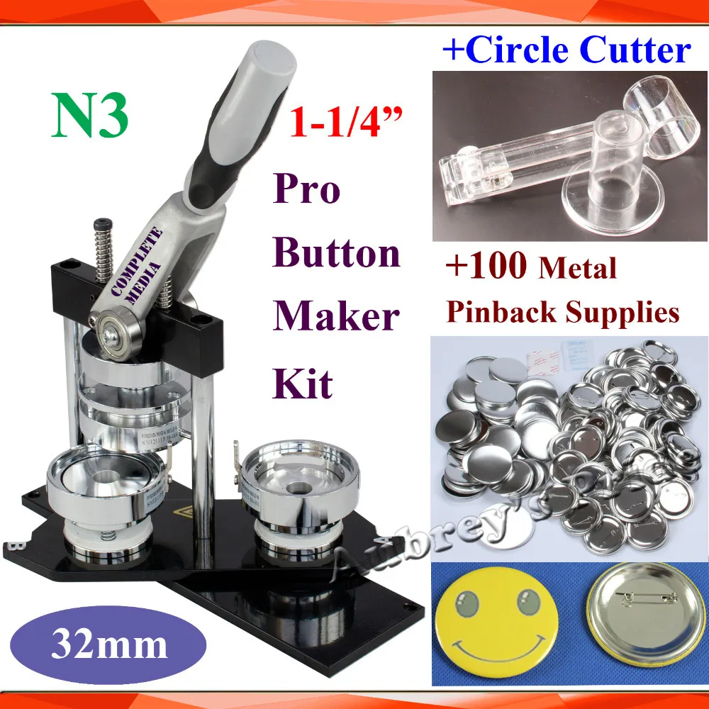 

Pro N3 New 1-1/4":32mm Badge Button Maker Machine + Adjustable Circle Cutter+100 Sets Metal Pinback Button Supply