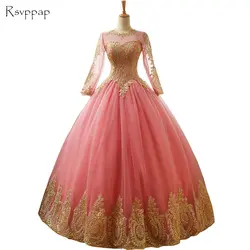 Длинное вечернее платье 2019 Пышное Бальное Платье с длинными рукавами и золотым кружева Для женщин Формальные Розовый Арабский Вечерние