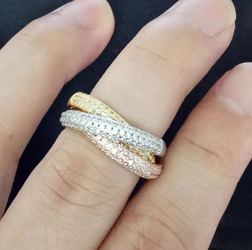 Triple Circles Gold/Rose Gold/Silver Ring Three Colors Luxury Jewelry 925 Silver Pave CZ Ring Women Wedding Finger Rings Gift