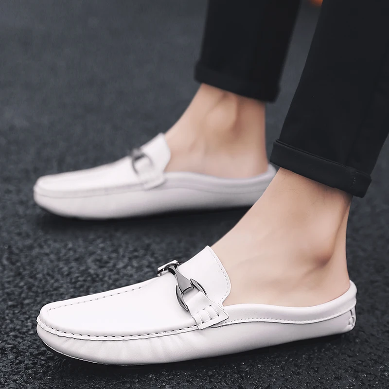 New Summer Men Flats Mules Slip on Genuine Leather Slides Shoes Man Soft Leather Casual Slipper