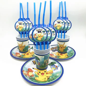 

Pokemon Go Theme 60Pcs/Lot Cartoon Pikachu Cup Plates Straws Kids Birthday Party Family Party Disposable tableware Sets Supplies