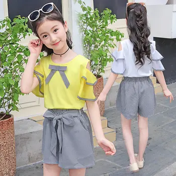 

2020 Fashion Summer Children Clothing Sets Girl Plaid Shorts Tshirts 2PCS Suits Clothes Off Shoulder Tops And Shorts Clothes Set