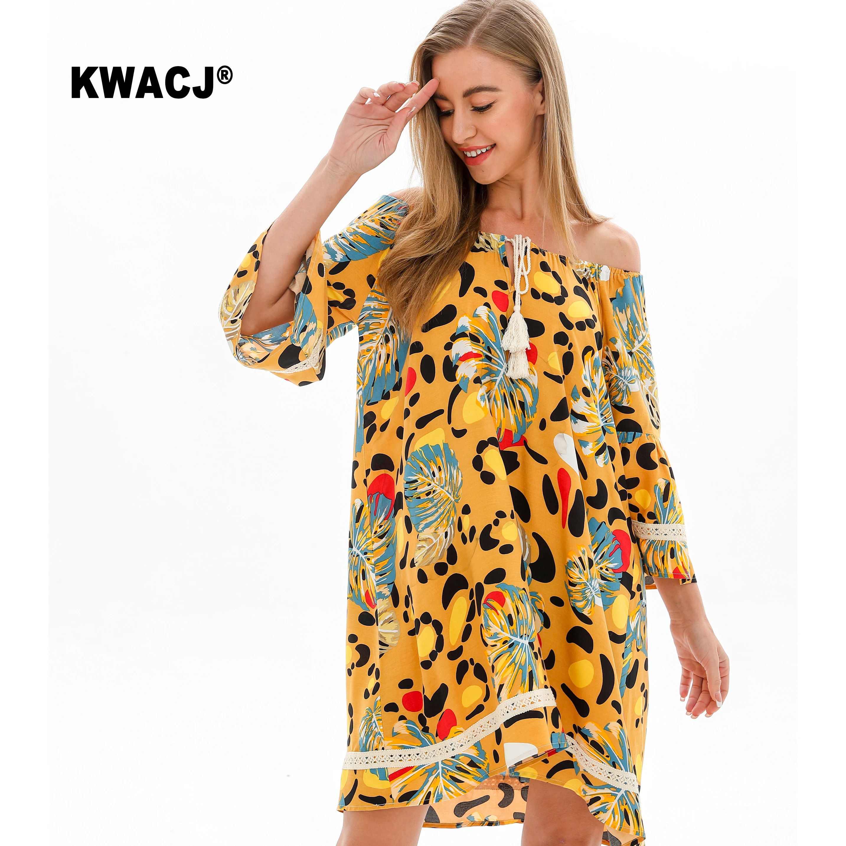 KWACJ Yelllo Мини-Платья с цветочным принтом женские свободные платья с расклешенными рукавами, милое платье с открытыми плечами, кружевной подол, Boho Vestidos