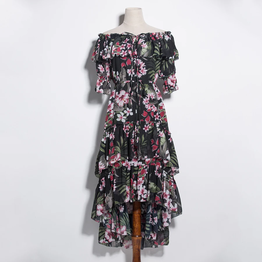 SEQINYY шифоновое платье с цветочным принтом, летнее Новое Женское модное подиумное элегантное платье с вырезом лодочкой и листьями лотоса