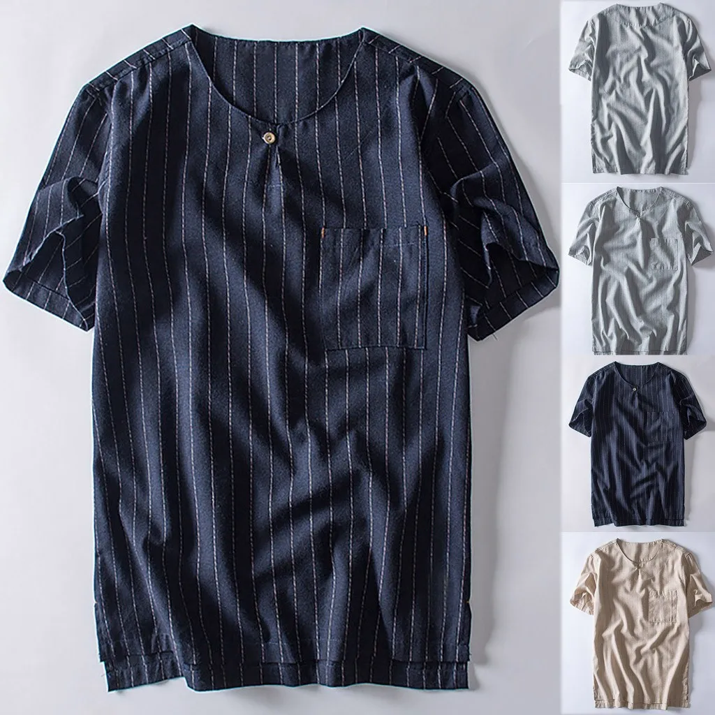 

2019 New Fashion Design Stylish Fashion Men's Cotton Linen Pocket Stripe Short Sleeve Retro T Shirts Tops Blouse May