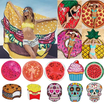 

145CM Polyester Fruit Food Round Style Beach Towel Picnic Tourism Seaside Sunscreen Print Hanging Towel Seaside Party Supplies
