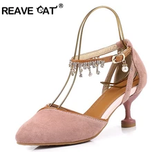 REAVE KAT Schoenen vrouw midden hak vrouwen sandalen puntschoen Flock Rhinestone Gesp Fringe Lente zomer sandalen Zwart A1941(China)