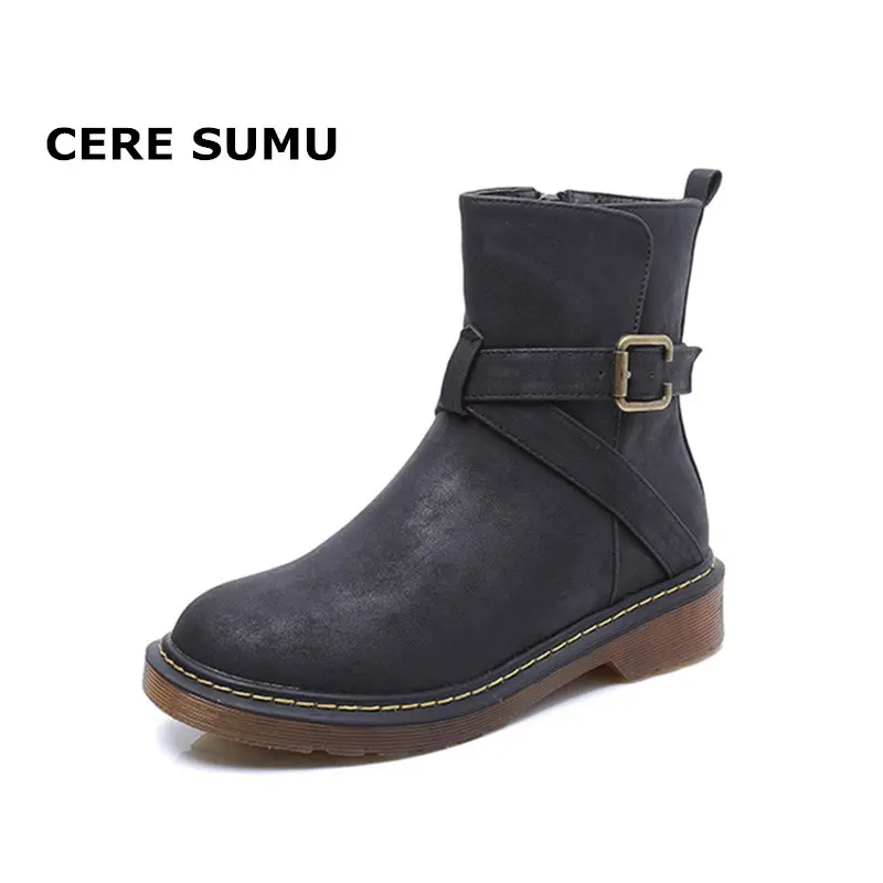 

2018 Spring Fall Women Leather Boots Round Toe Zip Buckle Ankle Boots Ladies Martin Motorcycle Boots Shoes Women Plus Size 34-43