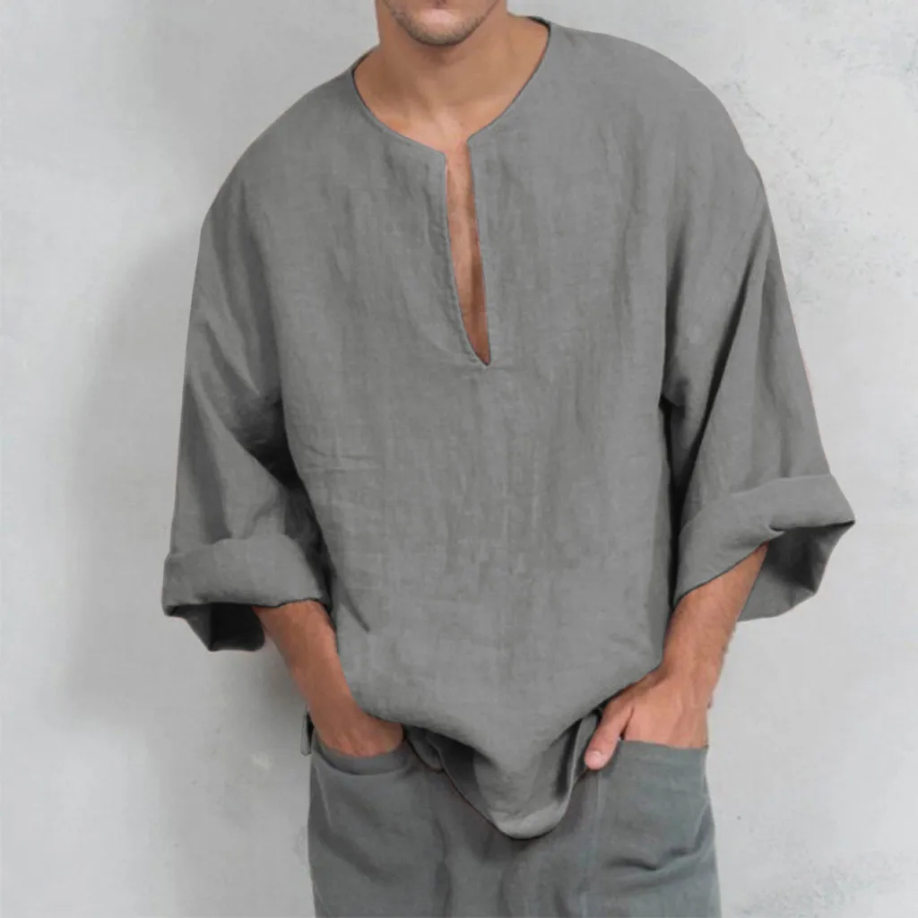 

Autumn 2019 Mens Summer T-Shirt Cotton Linen Thai Hippie Shirt V-Neck Beach Shirt Top Blouse Long Sleeve T Shirt Solid Color