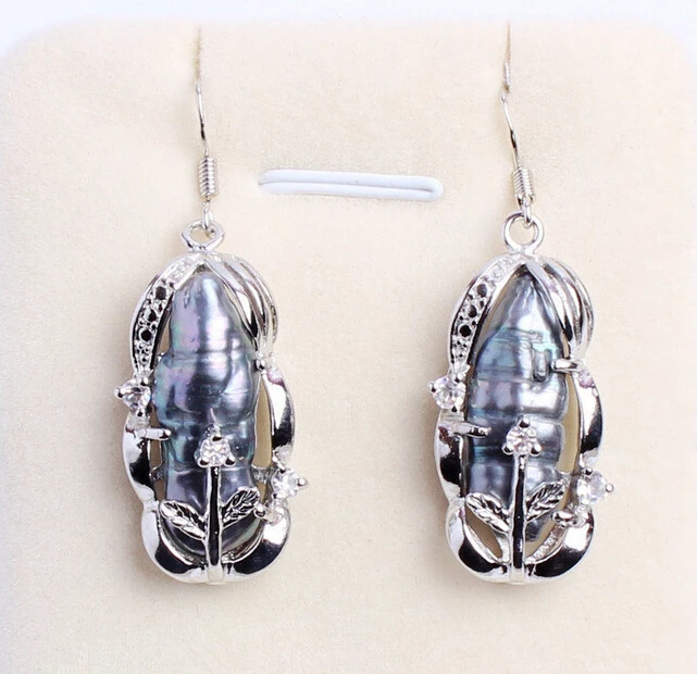 

Hot selling> Free shipping Fashion Natural 8x20mm Black Biwa Freshwater Pearl Silver Hook Dangle Earrings new -Bride jewelry fre