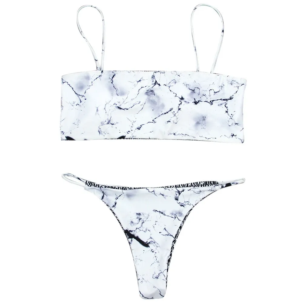

Retro Marble Line Sexy Women Bikini Suit bandeau bra Padded Biquini Double Side Print Swimming Wearing Summer Vocation Beachwear